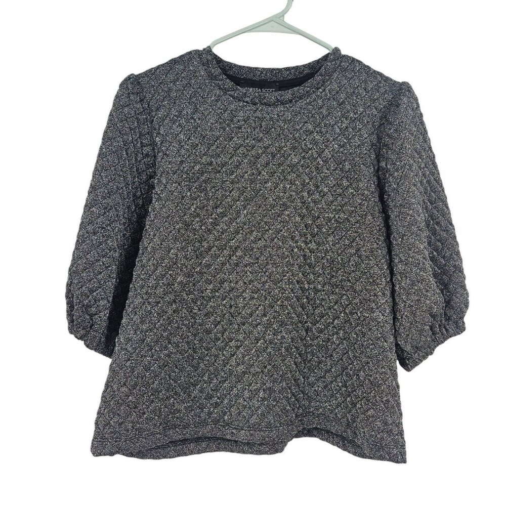 Vanessa Scott Crop Top Black Silver Metallic Quilted Puff Sleeve Boxy Size M